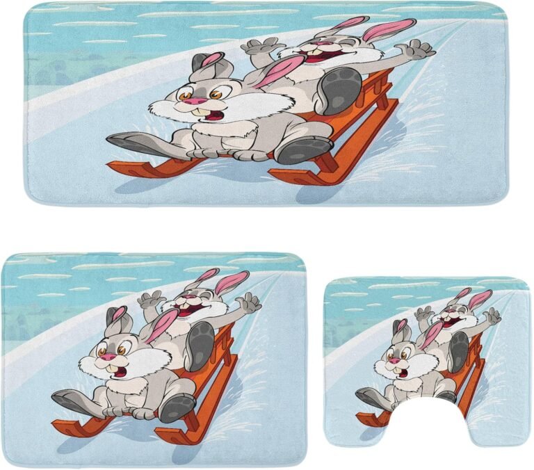 Ambesonne Bunny Toilet Rug Set 3 Items, Winter Wood Sled Cartoon Model Compositions of Woodland Animals Theme, Plush 2 Rectangular Flooring Mats & a U-Form Bathroom Mat, Aqua and Orange
