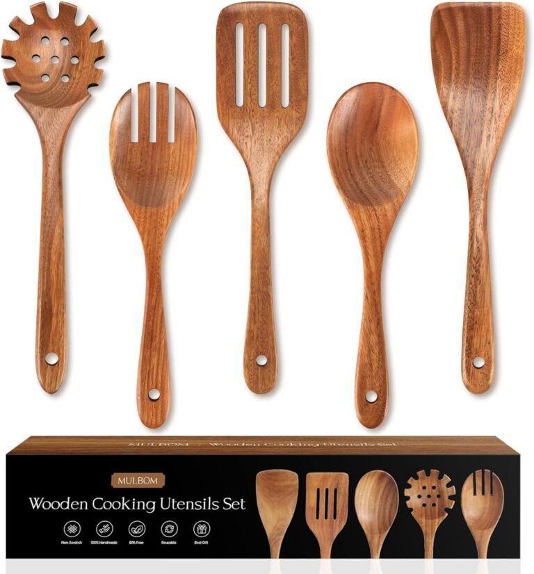 5 PCS Wood Spoons for Cooking Pure Teak Kitchen Utensils Easy Non-Stick Floor Cooking Utensils Set Tender Consolation-Grip Wood Utensils for Cooking