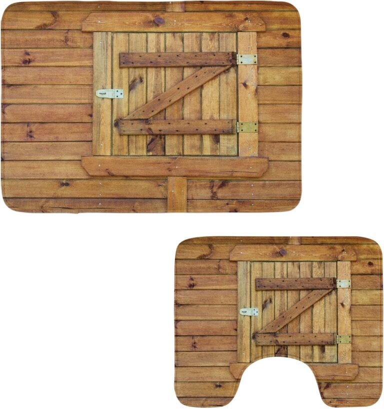 Ambesonne Shutters Toilet Rug Set 2 Items, Closed Wood Shutters Plank Tough Grunge Countryside Classical Design Print, Water-Resistant Rectangle Flooring Rug & U-Form Contour Mat, Brown Pale Brown