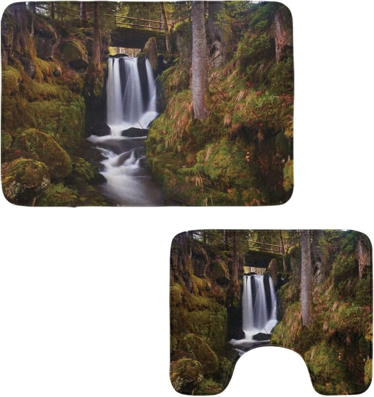 Ambesonne Waterfall Lavatory Rug Set 2 Items, Waterfall Below Previous Wood Bridge in Forest Unique Nature Theme, Water-Resistant Rectangle Ground Rug & U-Form Contour Mat, Inexperienced Brown White