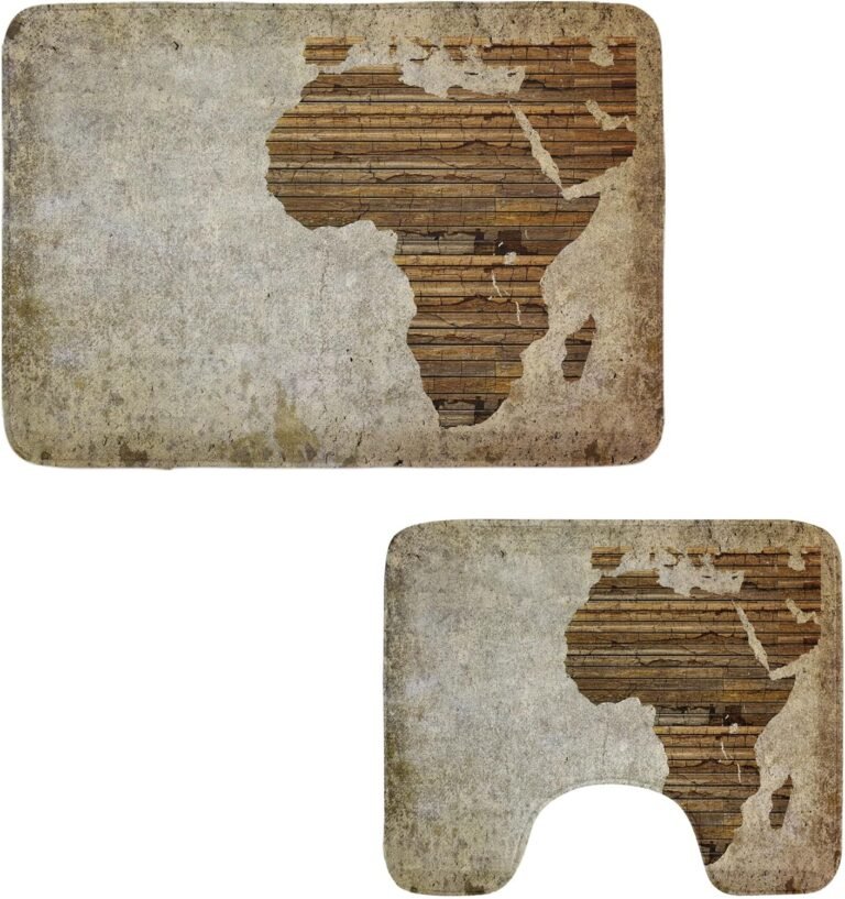 Ambesonne African Rest room Rug Set 2 Items, Geography Theme Grunge Classic Picket Plank and Map Digital Print, Water-Resistant Rectangle Flooring Rug & U-Form Contour Mat, Tan Umber and Brown