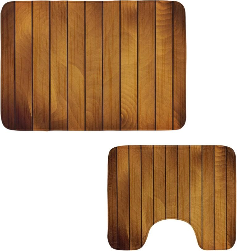 Ambesonne Brown Toilet Rug Set 2 Items, Picket Plank Print Tree Timber Ground Classic Model Nature Illustration, Water-Resistant Rectangle Ground Rug & U-Form Contour Mat, Darkish Brown and Pale Brown
