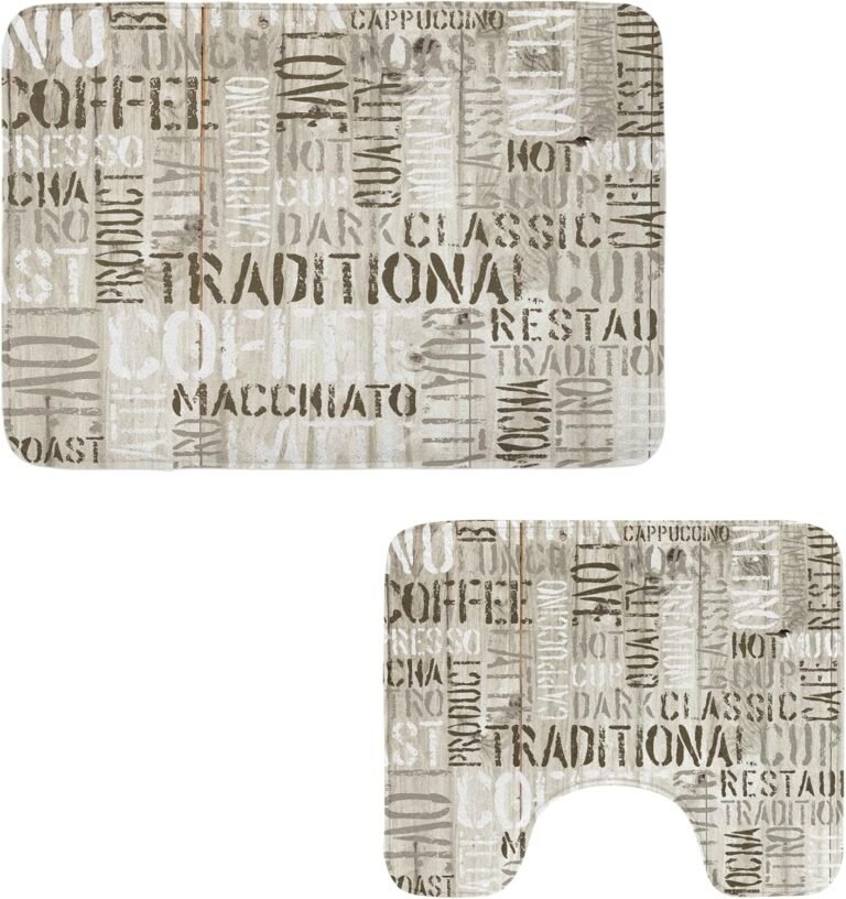 Ambesonne Trendy Lavatory Rug Set 2 Items, Wood Background with Espresso Phrase Espresso Scorching Chocolate Cappuccino Design, Water-Resistant Rectangle Ground Rug & U-Form Contour Mat, Beige Military Inexperienced