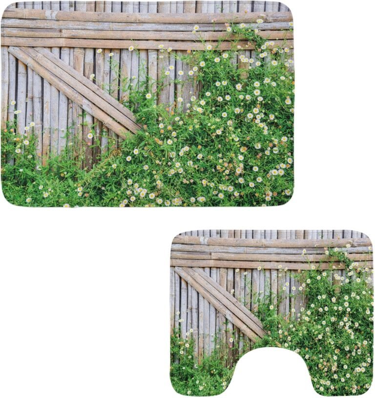 Ambesonne Rural Rest room Rug Set 2 Items, Rustic Grunge Look Picket Fence with Blooms Yard Look Image Print, Water-Resistant Rectangle Flooring Rug & U-Form Contour Mat, Pale Brown and Inexperienced