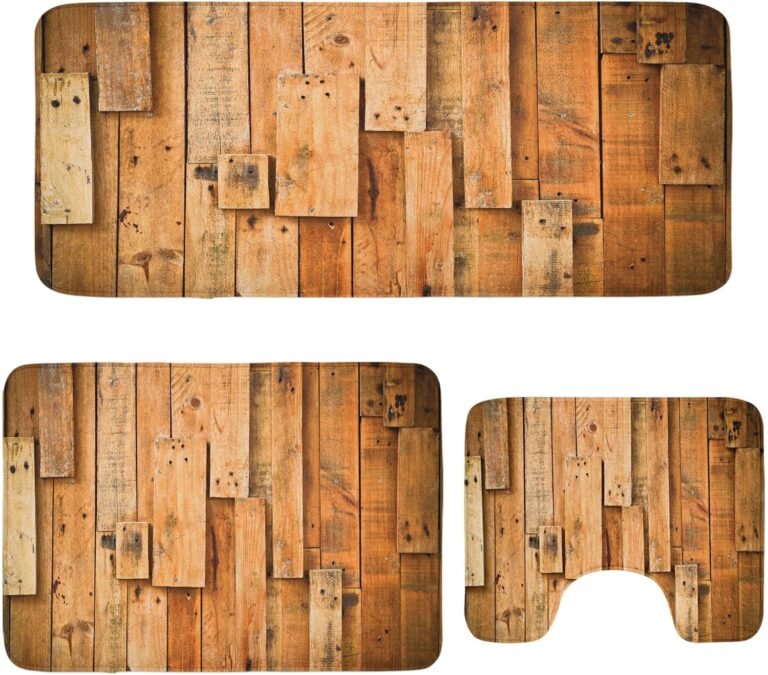 Ambesonne Wood Print Lavatory Rug Set 3 Items, Lodge Model Hardwood Planks Picture Farmhouse Grunge Design, Plush 2 Rectangular Flooring Mats & a U-Form Rest room Mat, Burnt Orange Orange