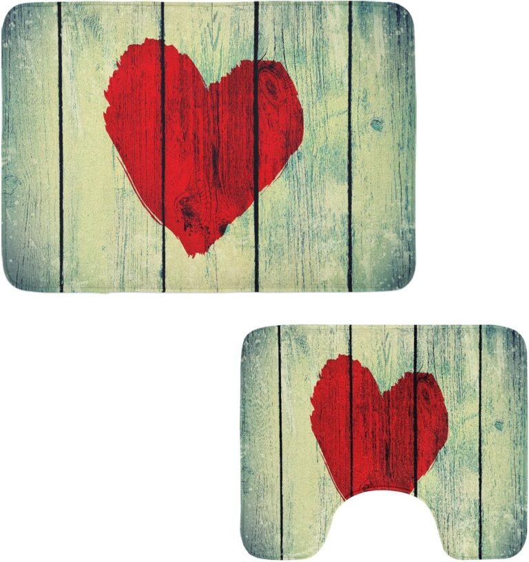 Ambesonne Love Rest room Rug Set 2 Items, Coronary heart Painted on Rustic Picket Wall Romance Affection Pleasure Themed Print, Water-Resistant Rectangle Flooring Rug & U-Form Contour Mat, Pink Pale Inexperienced
