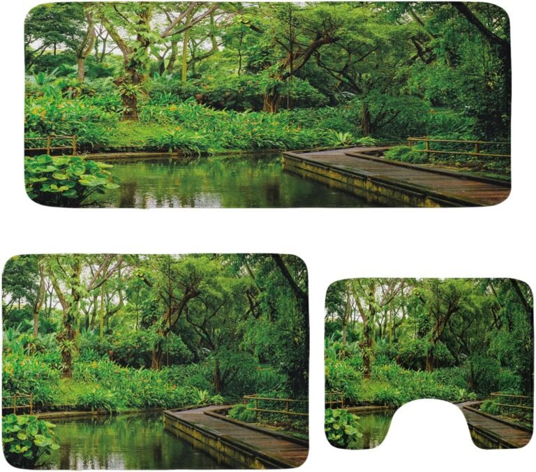 Ambesonne Jungle Lavatory Rug Set 3 Items, Deep Forest with Picket Pier and River Refreshing Unique Nature Wild Picture, Plush 2 Rectangular Flooring Mats & a U-Form Bathroom Mat, Hunter Inexperienced Brown