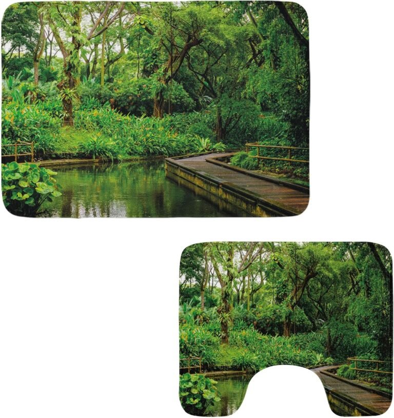 Ambesonne Jungle Toilet Rug Set 2 Items, Deep Forest with Picket Pier and River Refreshing Unique Nature Wild Picture, Water-Resistant Rectangle Ground Rug & U-Form Contour Mat, Hunter Inexperienced Brown