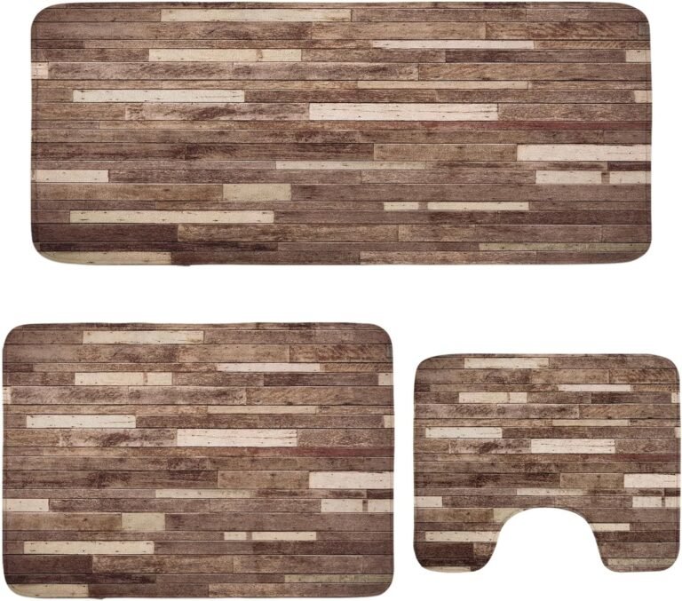 Ambesonne Wood Print Lavatory Rug Set 3 Items, Wall Ground Wooden Planks Panels Artwork Cottage Lodge Hardwood Sample, Plush 2 Rectangular Ground Mats & a U-Form Bathroom Mat, Brown Beige and Cocoa