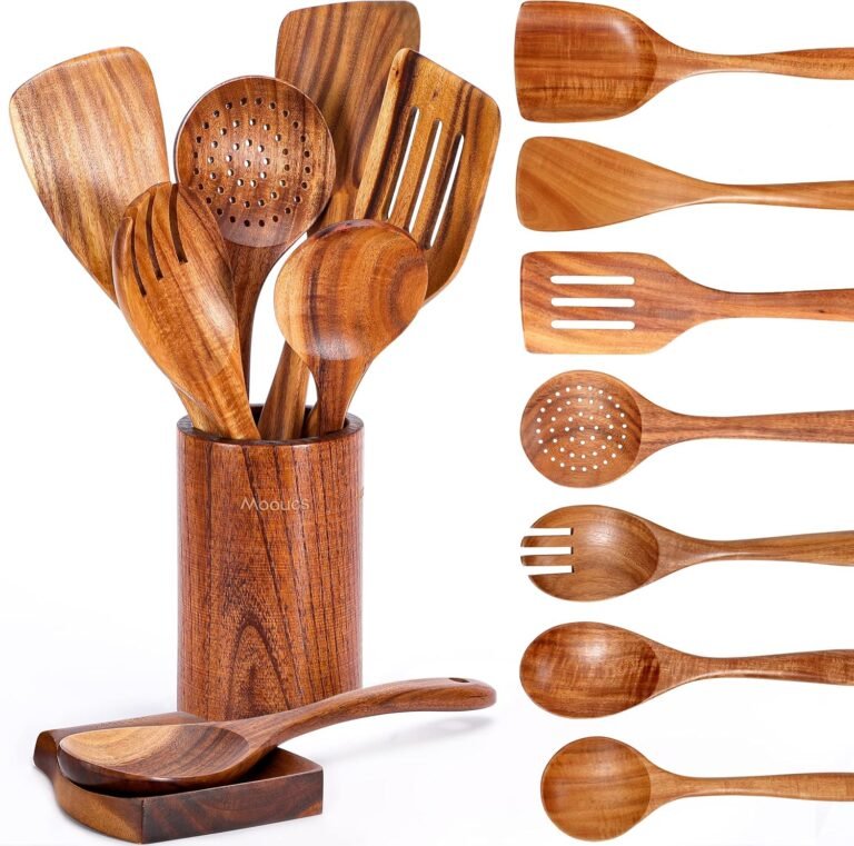 9 Piece Pure Teak Picket Kitchen Utensil Set with Spoon Relaxation – Consolation Grip Cooking Spoons and Utensils Holder