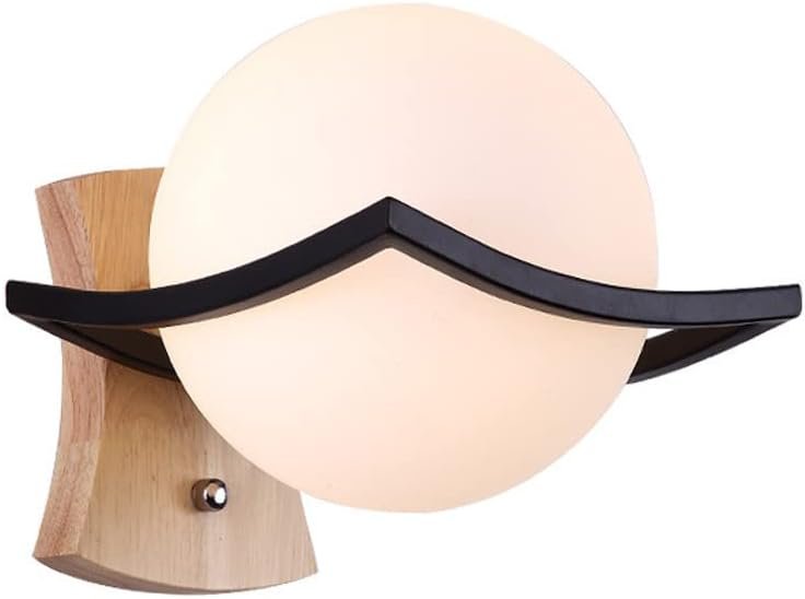 Nordic Globe Wall Mild Wooden Sconce White Glass Wall Lamp Shade, Trendy Mid Century Wall Mount Lighting Fixture, Wood Headboard Lamps for Hallway Bed room Bedside Stairs