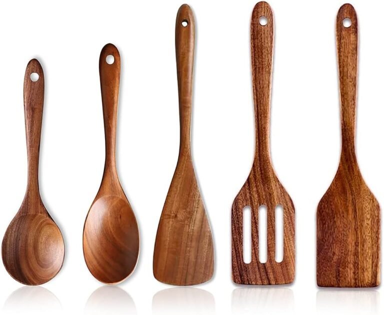 5 Pcs Finest Picket Spoons for Cooking Kitchen Utensils Set Acacia Wooden Cooking Spatula Turner Non Poisonous Utensil Slotted Serving Spoon Flat Spatulas Set Picket Utensis Mixing Cooking Spoon Kitchen Instruments