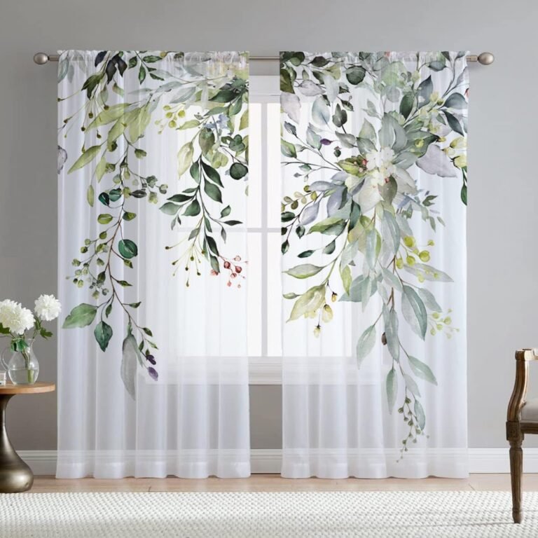 Inexperienced Eucalyptus Leaves Sheer Curtains for Residing Room 84 inch Size 2 Panels Set Elegant Wild Flower Floral Spring Printed Window Curtain Pure Chiffon Drapes for Bed room