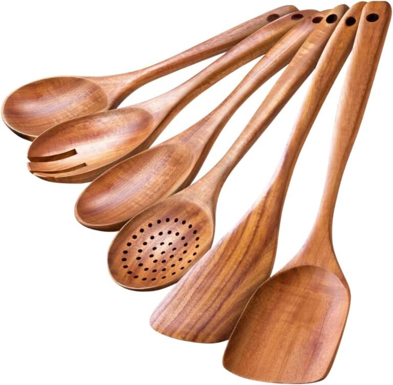 Wood Spoon for Cooking – 6 Piece NonToxic and NonStick Spatula-Teak Wooden Utensils -Lengthy curved clean Grip Wood Spoons- Pure Kitchen Cooking Spoon
