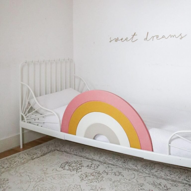 Premium 3-in-1 Toddler Mattress Rail with Ornamental Headboard and Wall Decor Performance, Excessive-Finish Mattress Guard for Youngsters, Picket Child Mattress Rail Guard, Rainbow Twin Mattress Rail for Toddlers – Pink