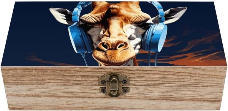 Giraffe Carrying Headphones Wood Storage Field Classic Field with Lid And Entrance Clasp Rustic Residence Decor Wood Organizer for Jewellery Rings Earrings Workplace Provides 7.9×3.7×2.3Inch