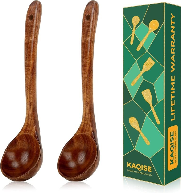 Nonstick Wood Spoons for Cooking, Sturdy Teak Wooden Ladle, Wood Kitchen Utensils, Massive Soup Spoons for Serving, Mixing and Stirring (2Pcs)