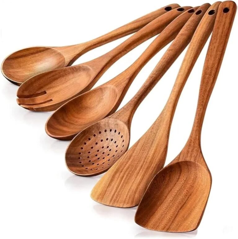 Wood Spoons for Cooking 6- Piece, Easy End Teak Wood Utensils for Cooking, Consolation-Grip Wooden Spoons for Cooking, Non-Stick Wood Cooking Utensils, Teak Wood Spoon Units
