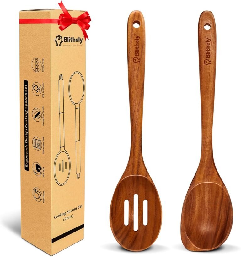 2 Pack Picket Spoons for Cooking, Pure Teak Wooden Nook Spoon and Slotted Spoon, Nonstick Clean Picket Cooking Spoon Set, Warmth Resistant Picket Cooking Utensils for Cooking, Serving and Mixing