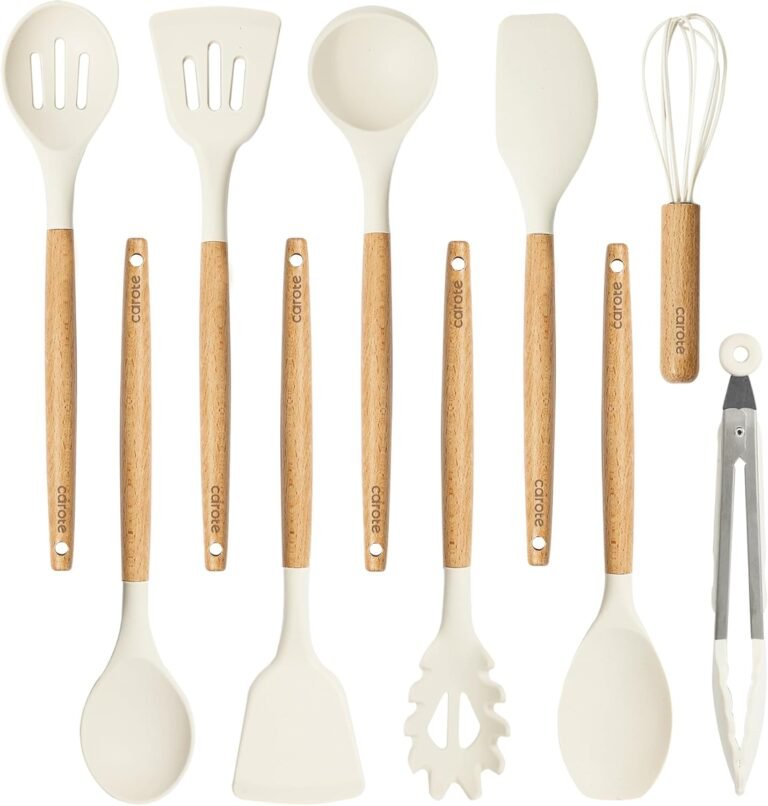 CAROTE Silicon Cooking Utensils Set for Kitchen,446°F Warmth Resistant 10 pcs Non-Stick Cooking Set with Wood Deal with Spatula Turner Spoon Tongs Whisk