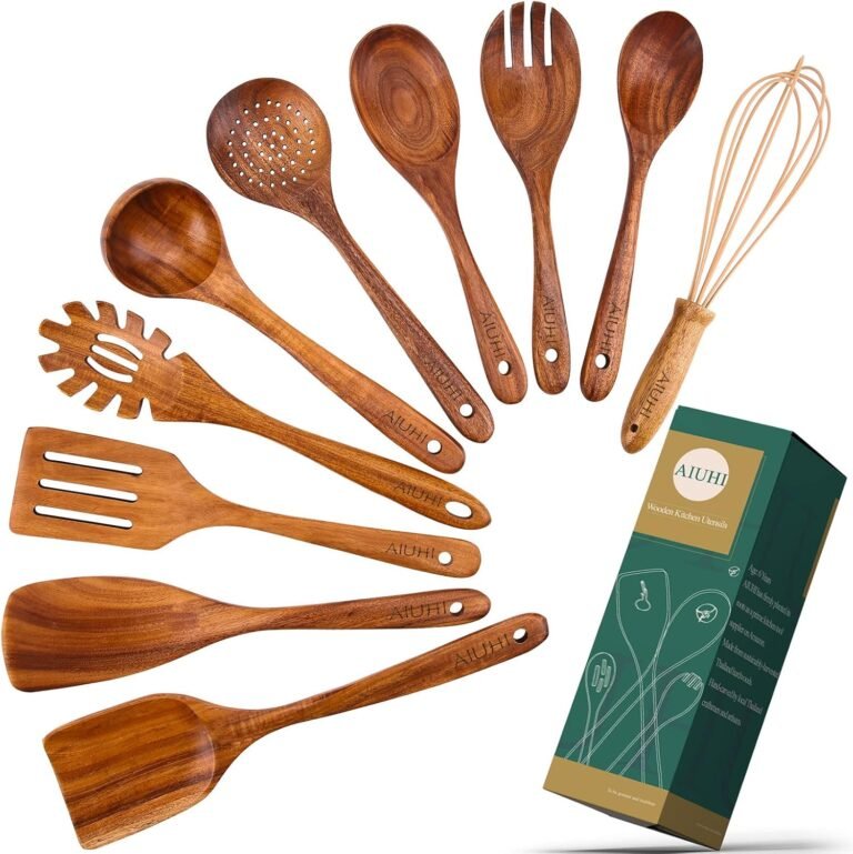 AIUHI 10 Pack Picket Spoons for Cooking, Teak Wooden Kitchen Utensils Set for Non Stick Use, Spatula Set for Stirring, Baking, Non Stick Picket Utensils for Kitchen