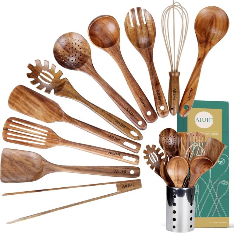 Kitchen Utenails Set with Holder,Kitchen Wood Utensils for Cooking, Wooden Utensil Pure Teak Wooden Spoons for Cooking,Wood Kitchen Utensil Set With Spatula and Ladle (11)