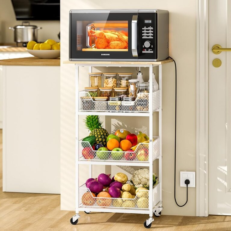 Kitchen Microwave Cart with Fruit Baskets, 4 Tier Microwave Desk Stand with Storage, Kitchen Storge Shelf on Wheels Small Rolling Cart Organizer Rack for Pantry, Dwelling Room, Lavatory