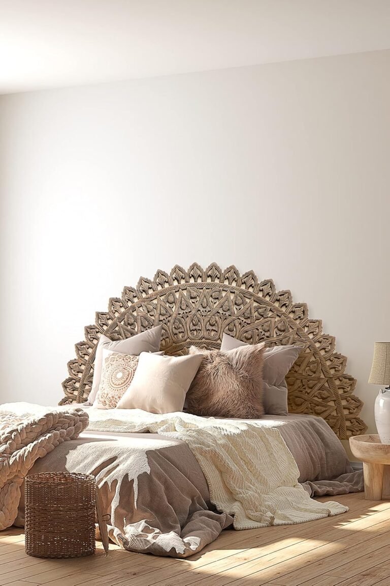 Spherical Carved King Measurement Headboard, Round Teak Wooden Mandala Wall Artwork Hanging, Simple Mounting Low Profile Again Mattress, Brown Wash Sealed End, 76×38 inches