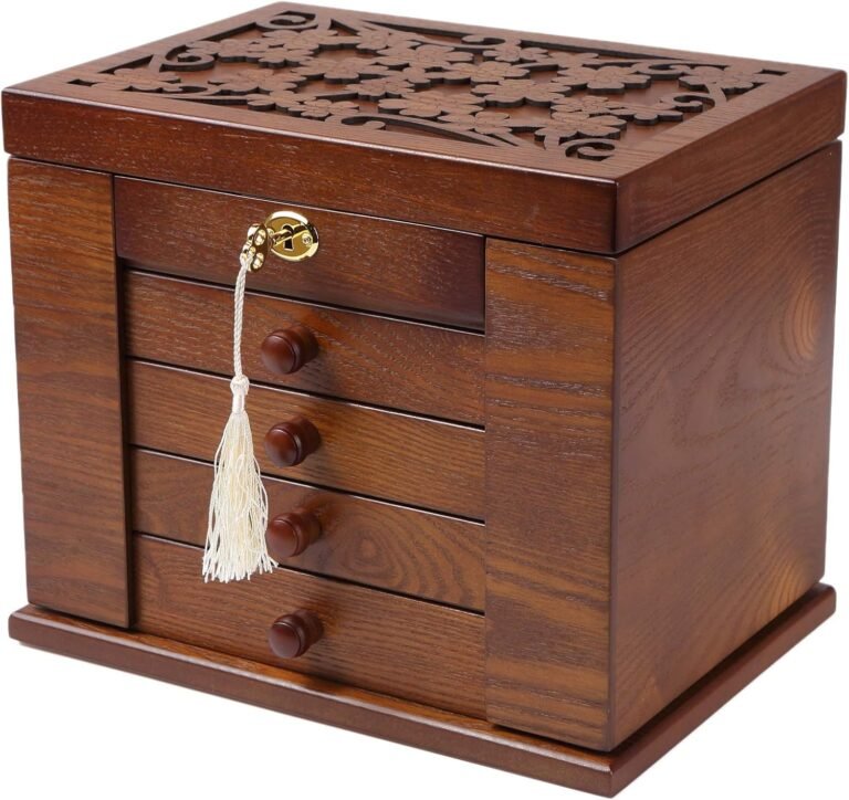 Changsuo Picket Jewellery Field for Ladies, Organizer Field of Solild Wooden with Lock and Key for Jewelries, Watches, Necklace, Ring, Lockable Storage Case (Darkish Brown)
