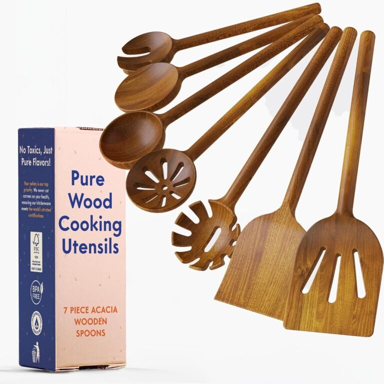 Non-Poisonous Cooking Utensils – 7-Piece Kitchen Utensils Set, Glue-Free & One-Piece Picket Spoons for Cooking, Pure Picket Utensil Set with Plant-Based mostly End, Freed from Perpetually Chemical substances