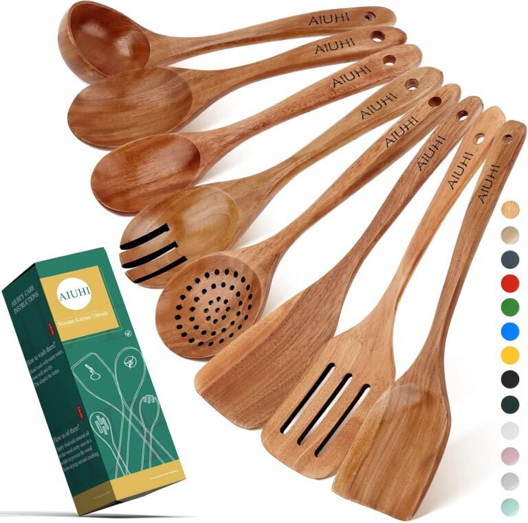 AIUHI Wooden Spoons for Cooking, Nonstick Kitchen Utensil Set, Wood Spoons Cooking Utensil Set Non Scratch Pure Teak Wood Utensils for Cooking (Teak 8 Pack)