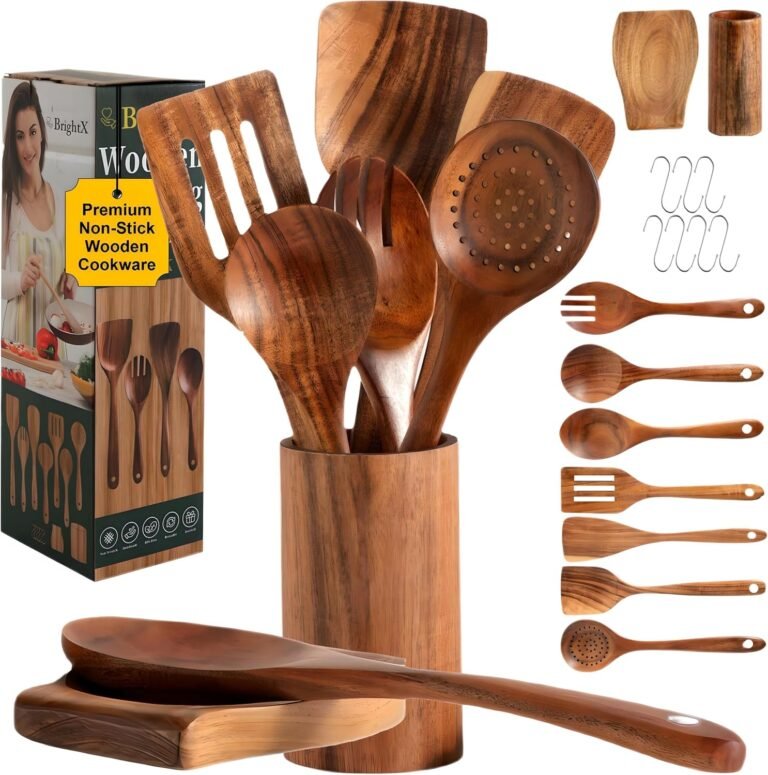 Kitchen Wood Cooking Spoons Set (9-Pcs) – Acacia Wooden Utensils Set Non Poisonous, BPA-Free & Secure Wood Spatula, Ladle, Stirring & Mixing Spoons | Nonstick Kitchen Wood Spoon Set for Cooking