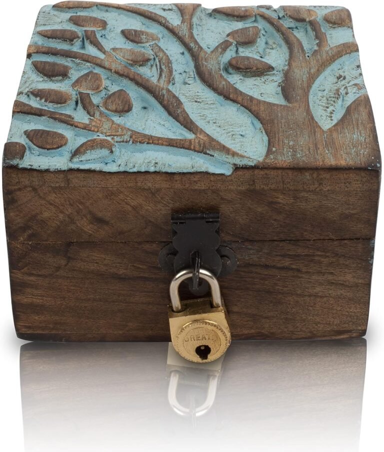 Nice Birthday Present Handmade Ornamental Wood Jewellery Field With Tree Of Life Carving & Lock & Key Jewellery Organizer Souvenir Field Treasure Chest Trinket Holder Watch Field Storage Lock Field (Blue)
