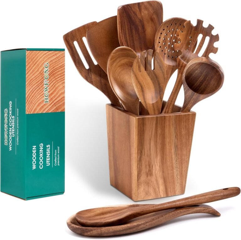 Wood Spoons for Cooking, Acacia Wooden Cooking Utensils Set – 11 Piece Wood Kitchen Instruments with Holder, Spoon Relaxation, Nonstick Cookware Protected by HOWHONG