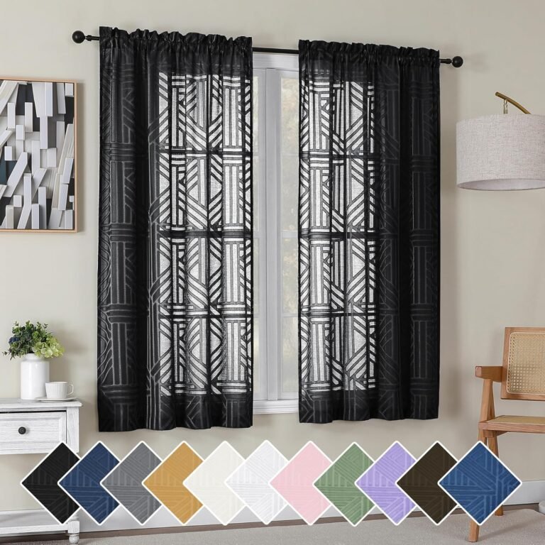 Simplebrand Black Semi Sheer Curtains 63 Inch Size 2 Panels, Mild Filtering Geometric Jacquard Clip Textured Quick Sheer Curtains for Bed room，Fashionable Elegant Window Curtains Drapes，42×63 inch