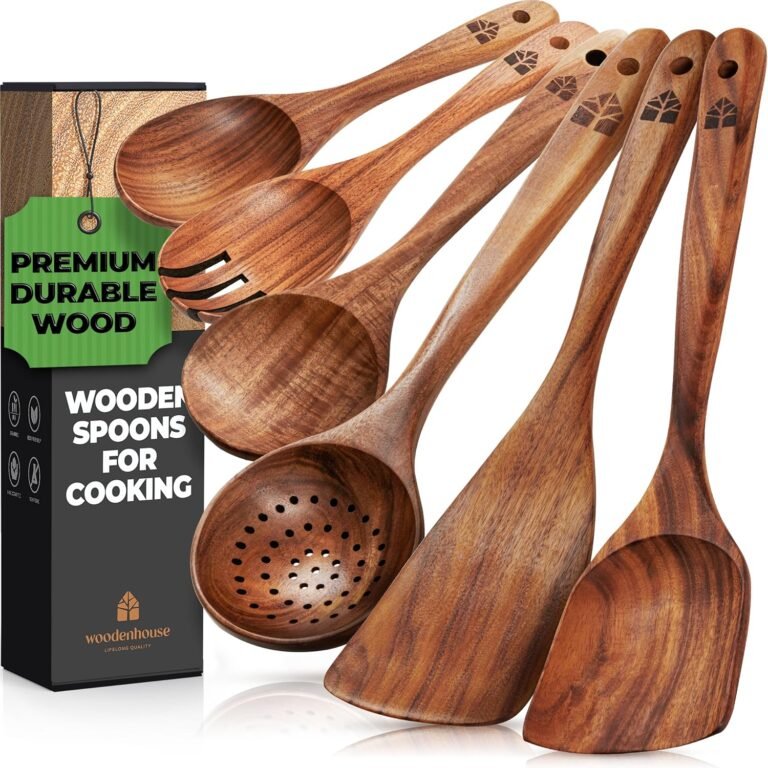 Wood Spoons for Cooking – Wood Kitchen Utensils Set, 6 Pcs Teak Wooden Utensil Set – Snug Grip Non–Stick Wood Cooking Utensils – Nonstick Pure and Wholesome Kitchen Cookware