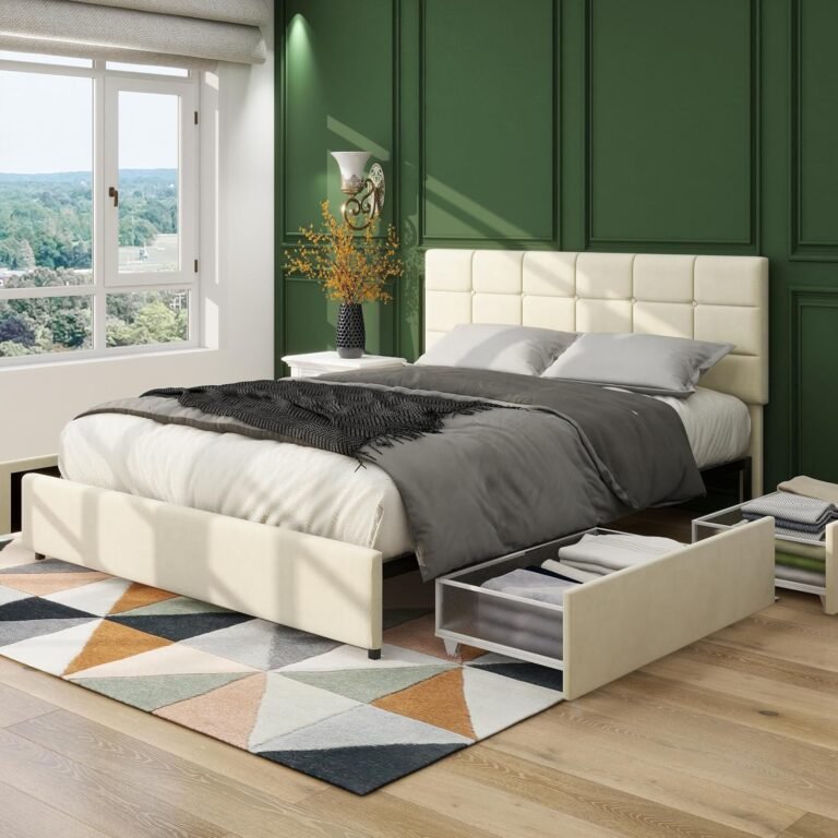 GOWE Vera Queen Dimension Ivory Velvet Upholstered Platform Mattress with Patented 4 Drawers Storage, Sq. Stitched Button Tufted Headboard, Wood Slat Mattress Assist No Field Spring Required