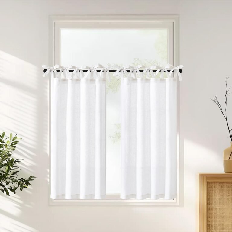 jinchan Tie High Linen Kitchen Curtains Over Sink 45 Inch Size Tier Curtains Farmhouse Rustic Small Cafe Curtain for Bed room Dwelling Room Lavatory Half Window Gentle Filtering Privateness 2 Panels White