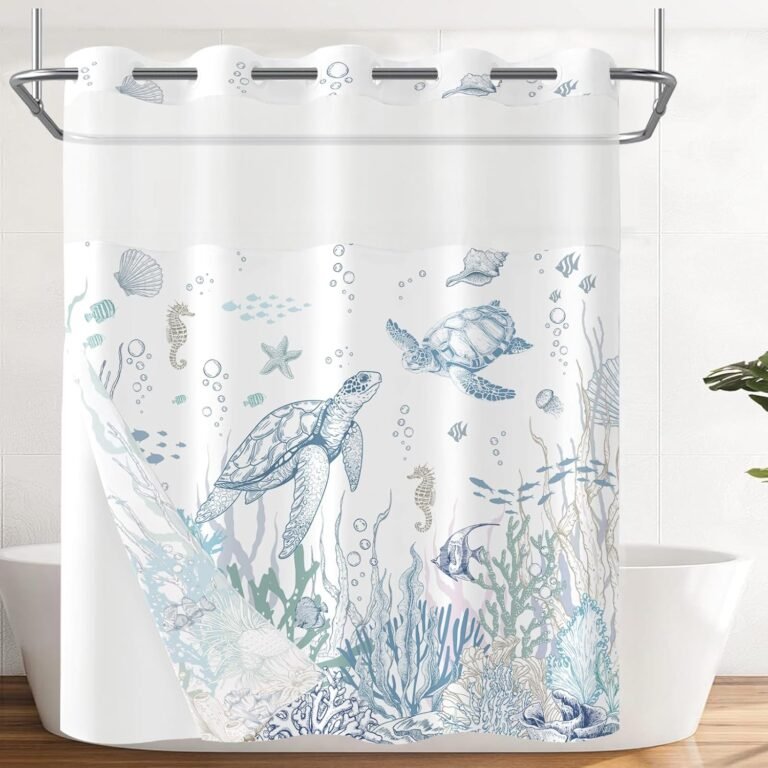 Accnicc No Hook Bathe Curtain with Snap in Liner Nautical Ocean Sea Turtle Hookless Bathe Curtains for Rest room Blue Seashore Coastal Coral Seashell Waterproof Cloth Bathtub Curtain Decor 71×74 in