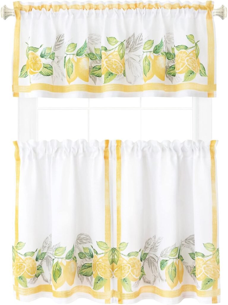 Newbridge Lemon Orchard Farmhouse Bordered Material Tier Curtain and Valance Set – Recent Lemon Vine Border Stain and Wrinkle Resistant, 24” Lengthy Tier Pair and Valance Set