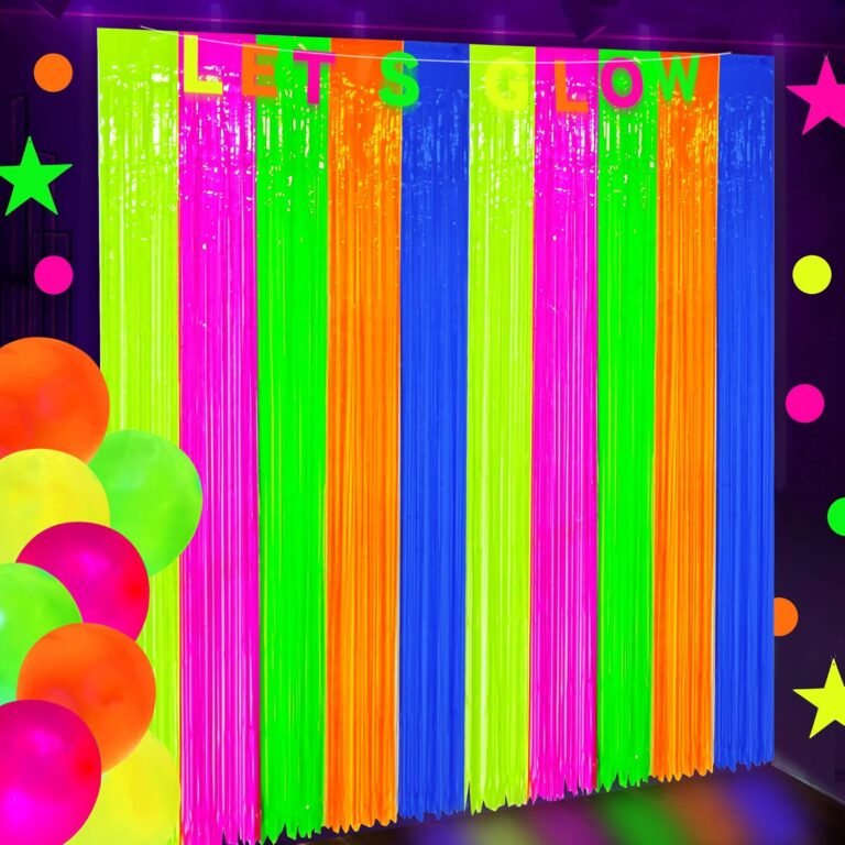 2 Pack Neon Foil Fringe Curtains Glow in The Darkish Tinsel Streamers Fluorescent Macaron Foil Fringe Backdrop Neon Social gathering Photograph Sales space Prop for Glow Birthday Marriage ceremony Blacklight Social gathering Decor, 3.3 x 6.6 Ft