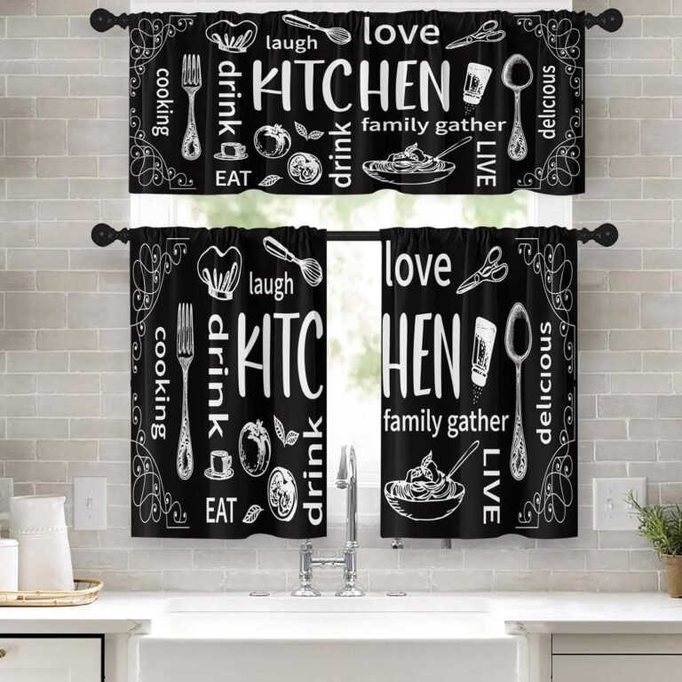 Farmhouse Chef White Kitchen Window Curtains Valance and Tier Set 36 Inch, Fashionable Doodle Summary Black Artwork Rod Pocket Brief Tier Curtain for Rest room, Humorous Cafe Drapes for Kitchen Decor