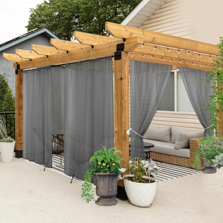 HolidayIdeas All Climate Outside Patio Curtains 6 Pcs Linen Look Rod Pocket Gray Sheer Outside Curtains for Porch, Balcony, Gazebo, Pergolas, Cabana,54×84 Inch